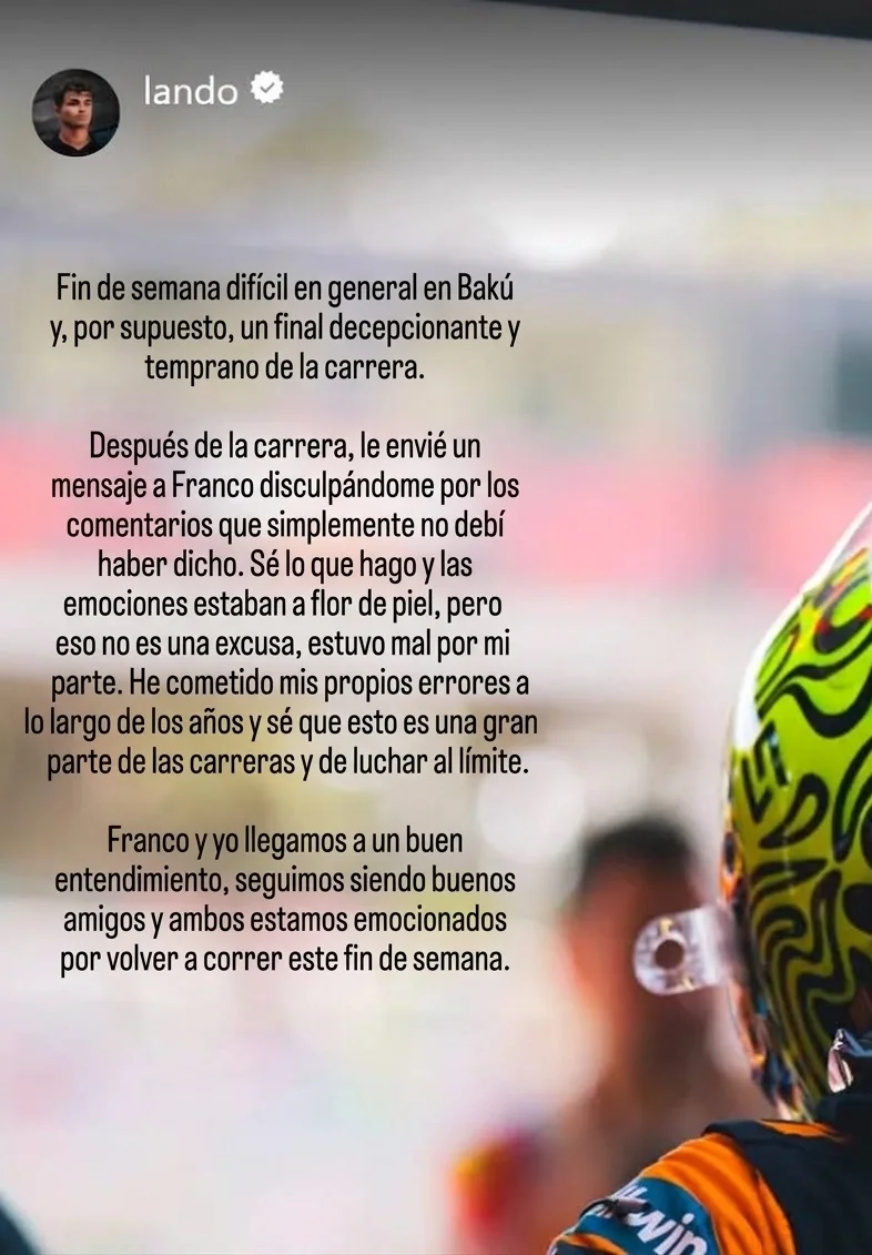 Lando Norris se disculpó con Franco Colapinto tras pedir una sanción por el choque en Bakú